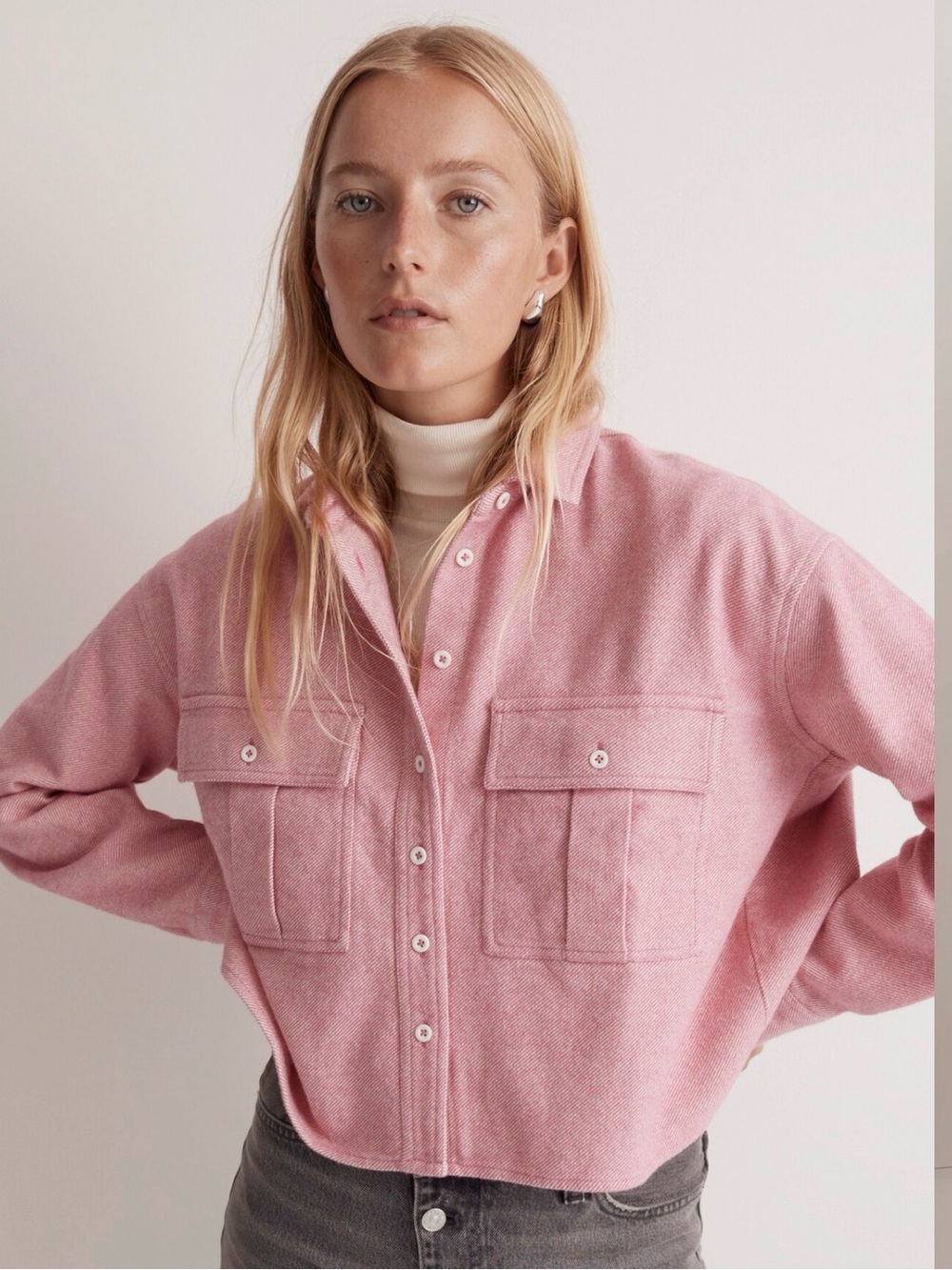Madewell Nouveau Pink Flannel Cargo Button-Up Cropped Shirt M